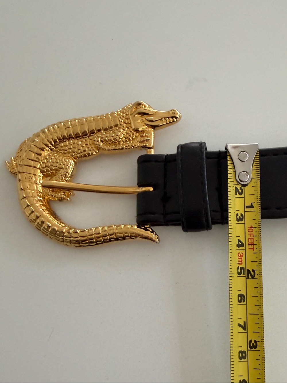 BELT Black Faux Leather Large Gold Tone Metal Crocodile Buckle Statement Glamour - Picture 16 of 17